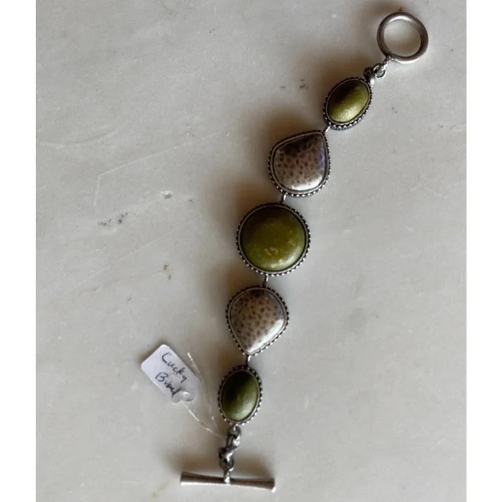 LUCKY BRAND Vintge Reversible Silver Tone Link Bracelet Toggle 8” Green Stones